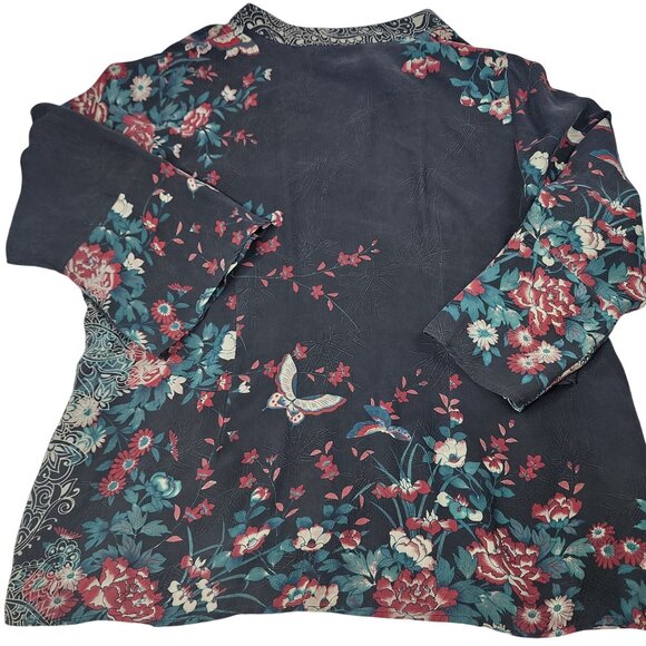 Citron Santa Monica Womens 2X Black Floral Silk Tunic Top With Ornate Button Det - Picture 3 of 9